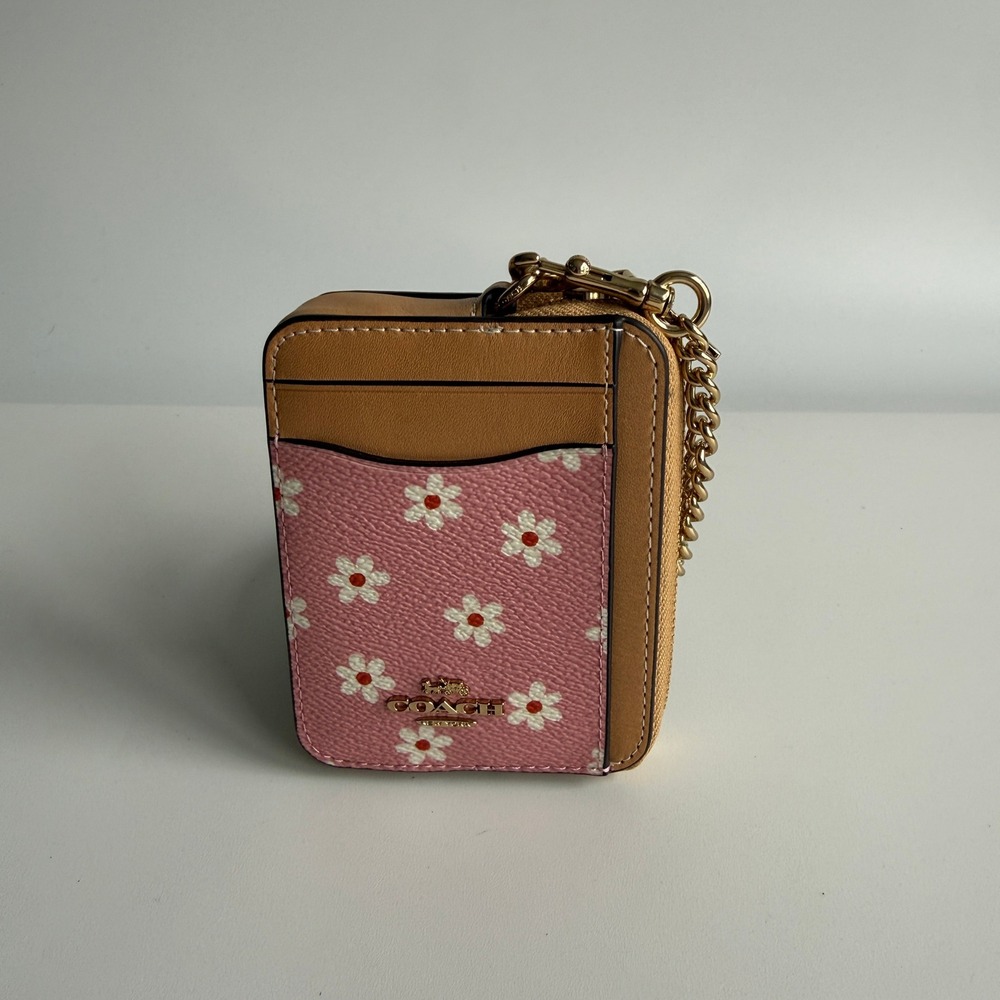 Coach Zip Card Case Pink Floral Daisy Leather Wallet CFA37